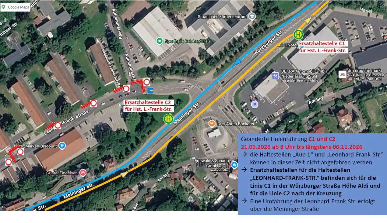 Plan mit Darstellung des betroffenen Abschnitts an der Leonhard-Frank-Straße und Umleitungsführung über angrenzende Straßen.