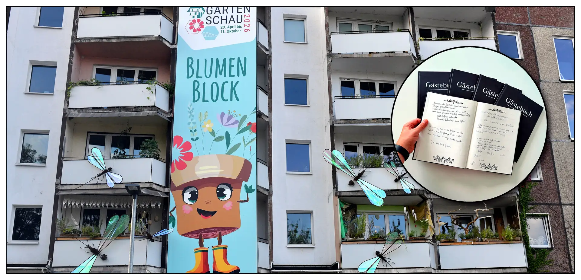 Banner mit handschriftlichen Einträgen in einem Gästebuch.