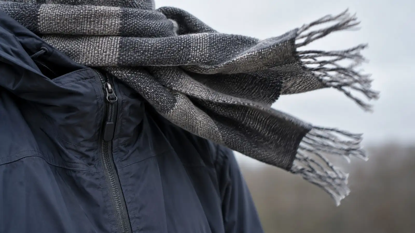 Schal im Wind. Neutrale Alltagskulisse ohne behaupteten Aufnahmeort.