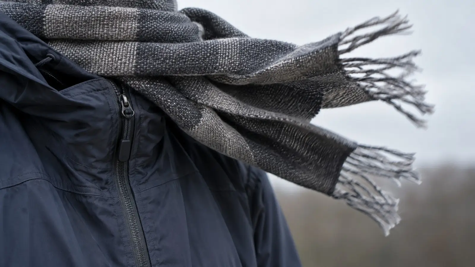 Schal im Wind. Neutrale Alltagskulisse ohne behaupteten Aufnahmeort.