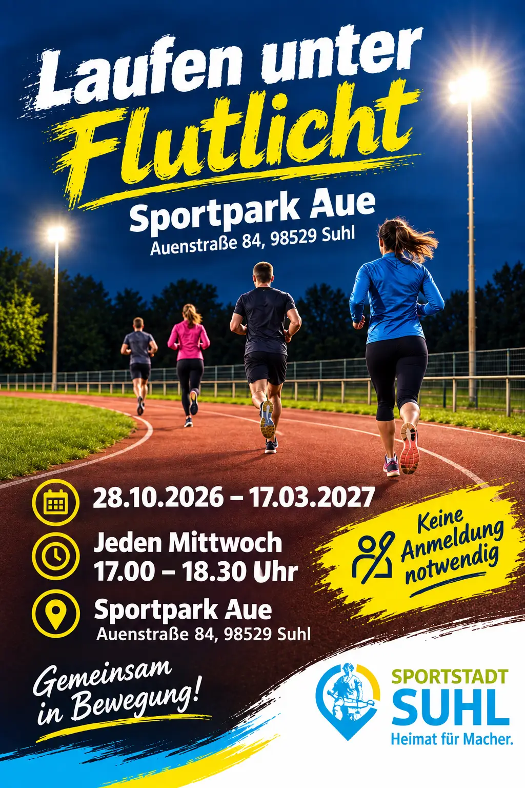 Flyer-Layout zum Laufen unter Flutlicht mit Hinweis „Keine Anmeldung erforderlich“ und Angaben zum Treffpunkt sowie Zeitrahmen.